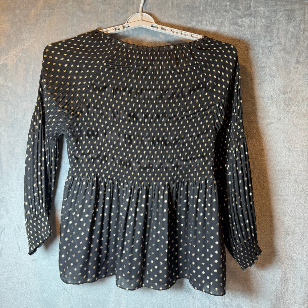 Melissa Paige 1X Black Gold Polka Dot Smocked Peplum Blouse Boho Stretch Top - Picture 7 of 7